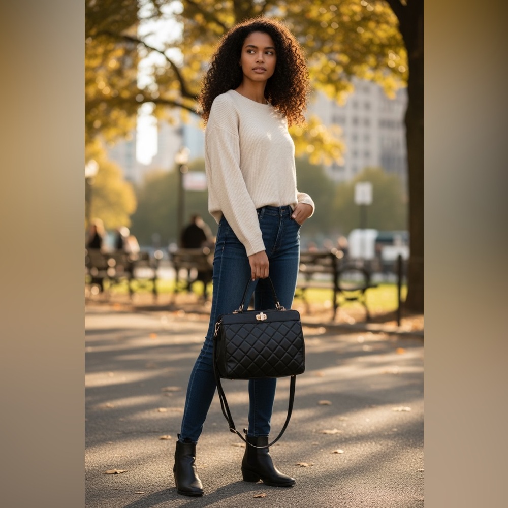 Badgley Mischka Black Quilted Satchel Crossbody - Picture 5 of 7